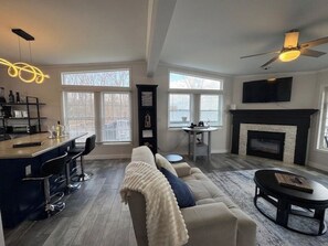 Smart TV, fireplace, video games, books