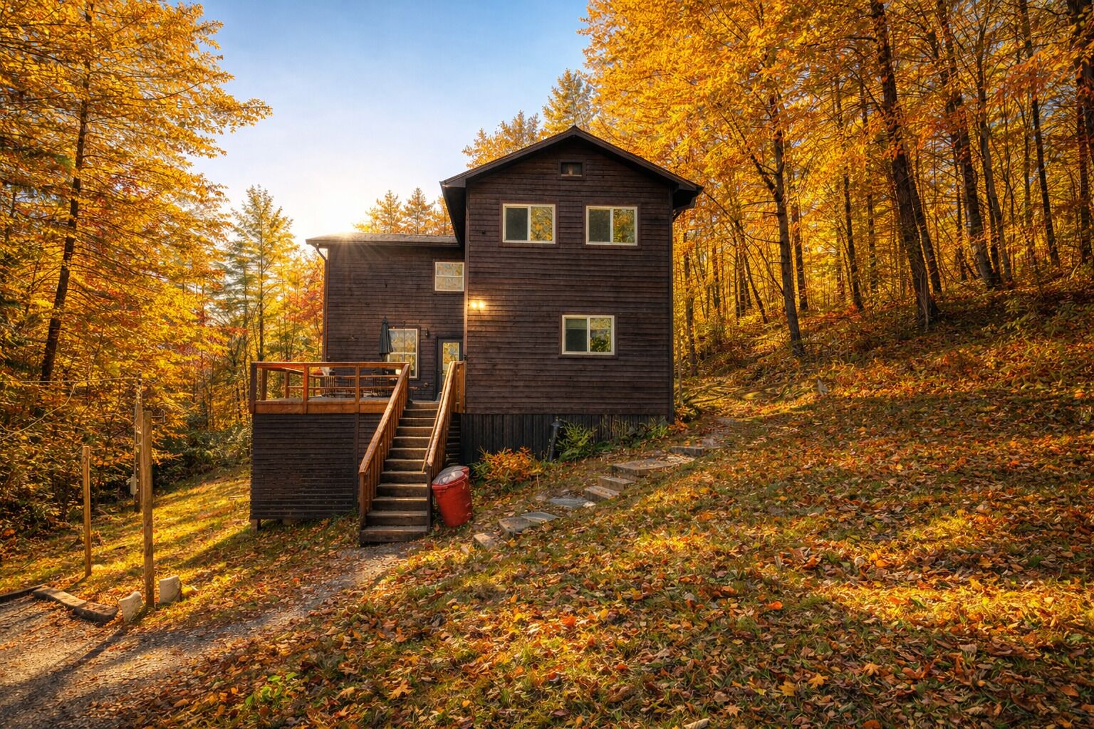 Une cabane en bois avec un escalier menant à une terrasse, entourée d’une forêt aux couleurs automnales.
