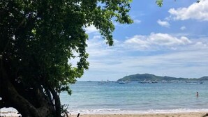 A beach with a large tree providing shade, a sandy shore, and a calm sea with boats in the distance. - Paradise point camping - Dome 1 (Tamarindo)