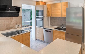 Fridge, stovetop, dishwasher, coffee/tea maker