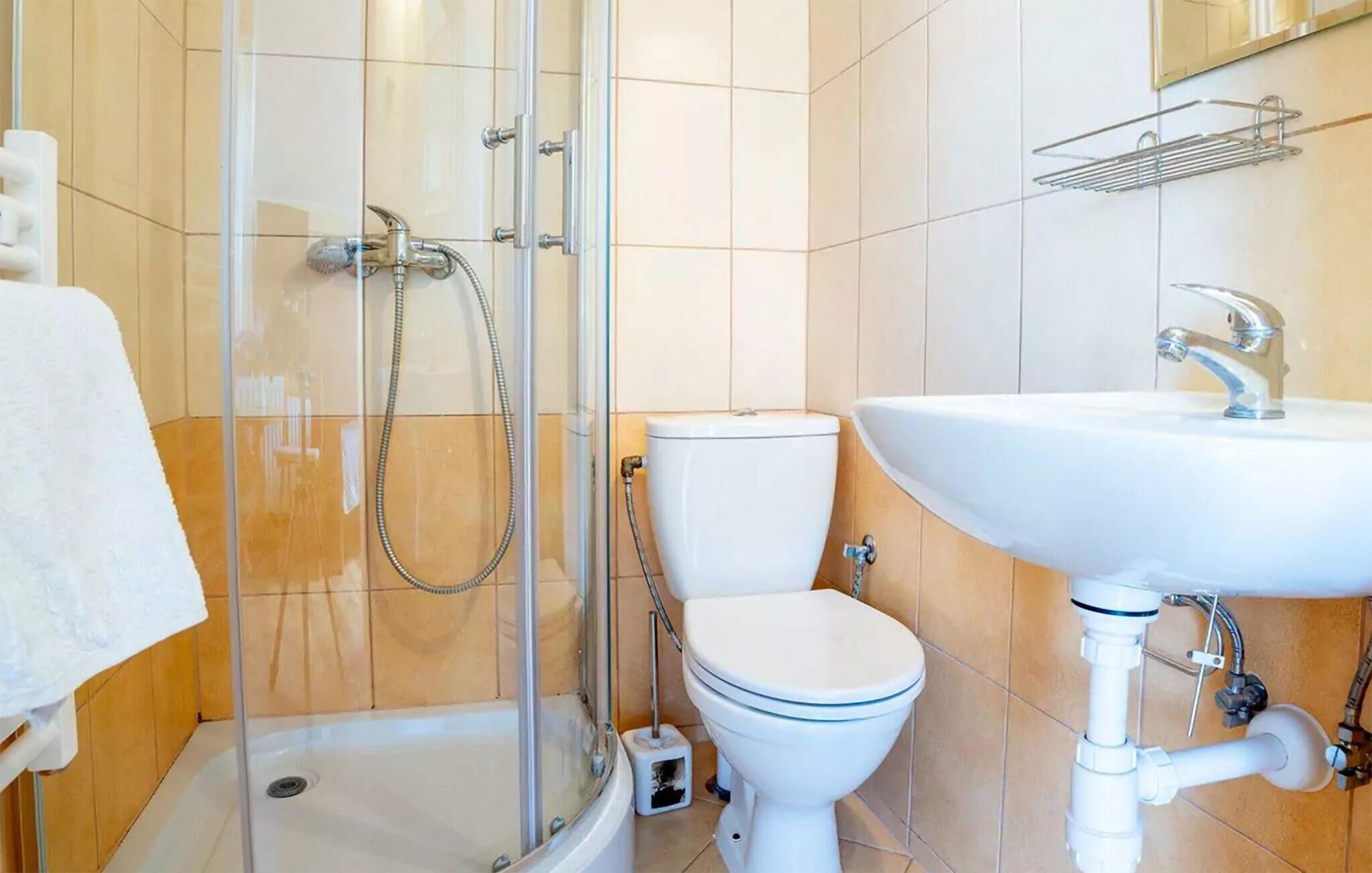 A bathroom with a glass-enclosed shower, a white toilet, and a sink with a mirror above it.