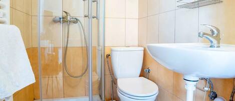 A bathroom with a glass-enclosed shower, a white toilet, and a sink with a mirror above it.