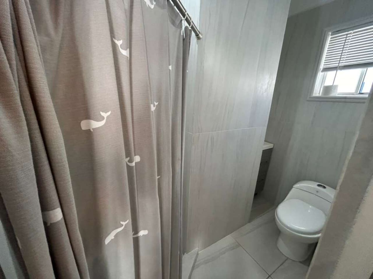 Une salle de bain avec un rideau de douche, des toilettes et une fenêtre.