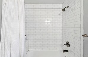 Hair dryer, towels, soap, shampoo