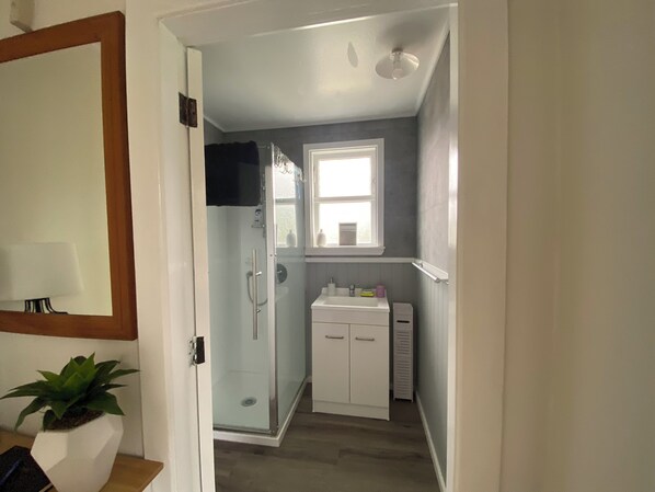 Shower, towels, soap, toilet paper