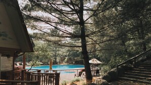 A pool area with wooden deck seating, surrounded by trees and a stone staircase.