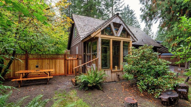 A wooden cabin with a covered patio, surrounded by dense forest. - Storybook Mt Hood Cabin • Wood Stove + Skylights (Rhododendron)