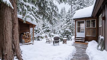 A wooden cabin with a stone pathway leading to a deck area, surrounded by snow-covered trees.