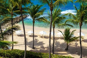 A beach with palm trees, white umbrellas, and a clear view of the ocean.