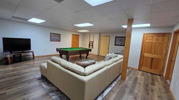 TV connectée, cheminée, lecteur de DVD, livres