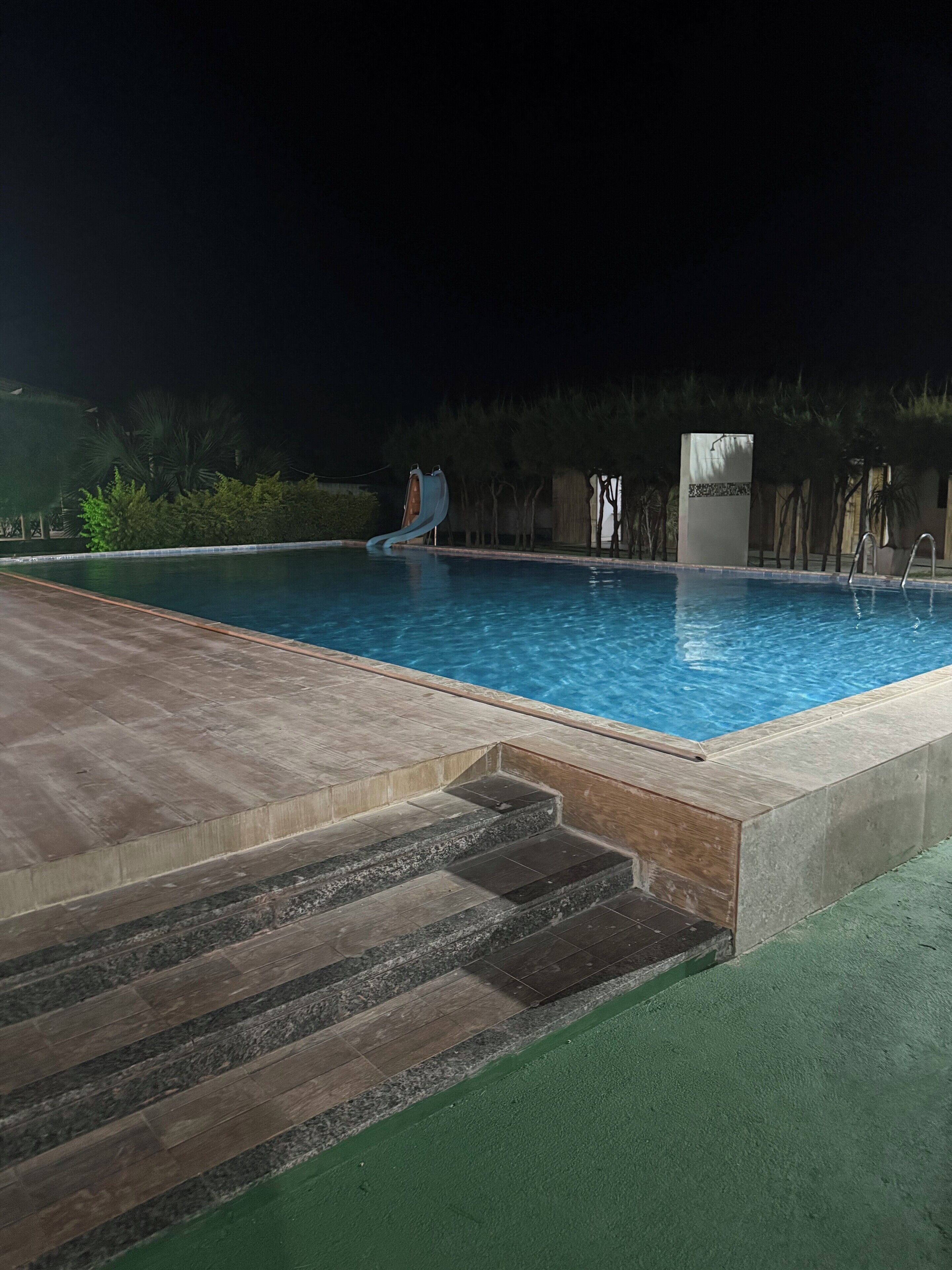 A swimming pool with a water slide, steps leading into the pool, and a small structure with a water feature.
