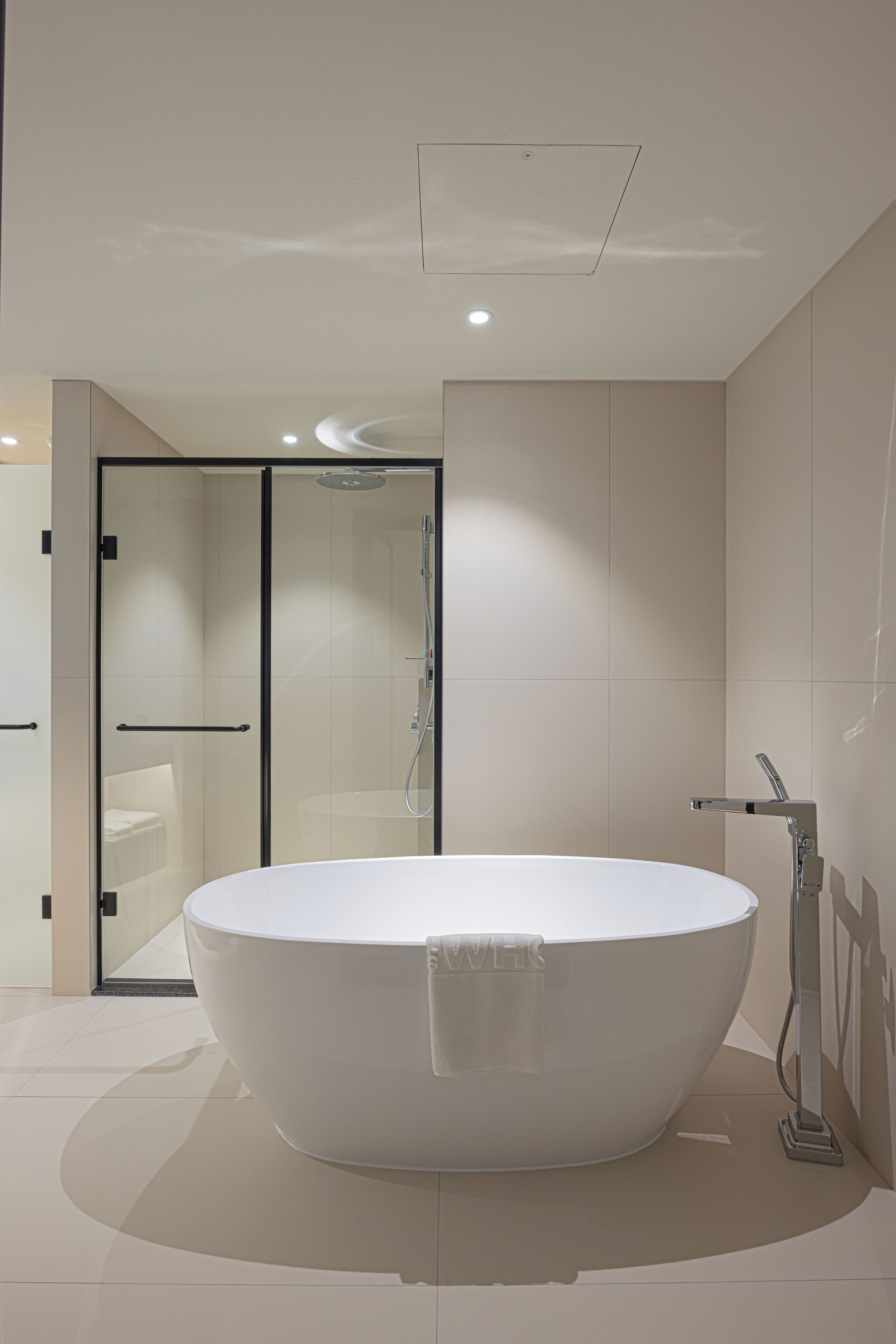A modern bathroom with a freestanding bathtub, a glass shower enclosure, and a walk-in shower.