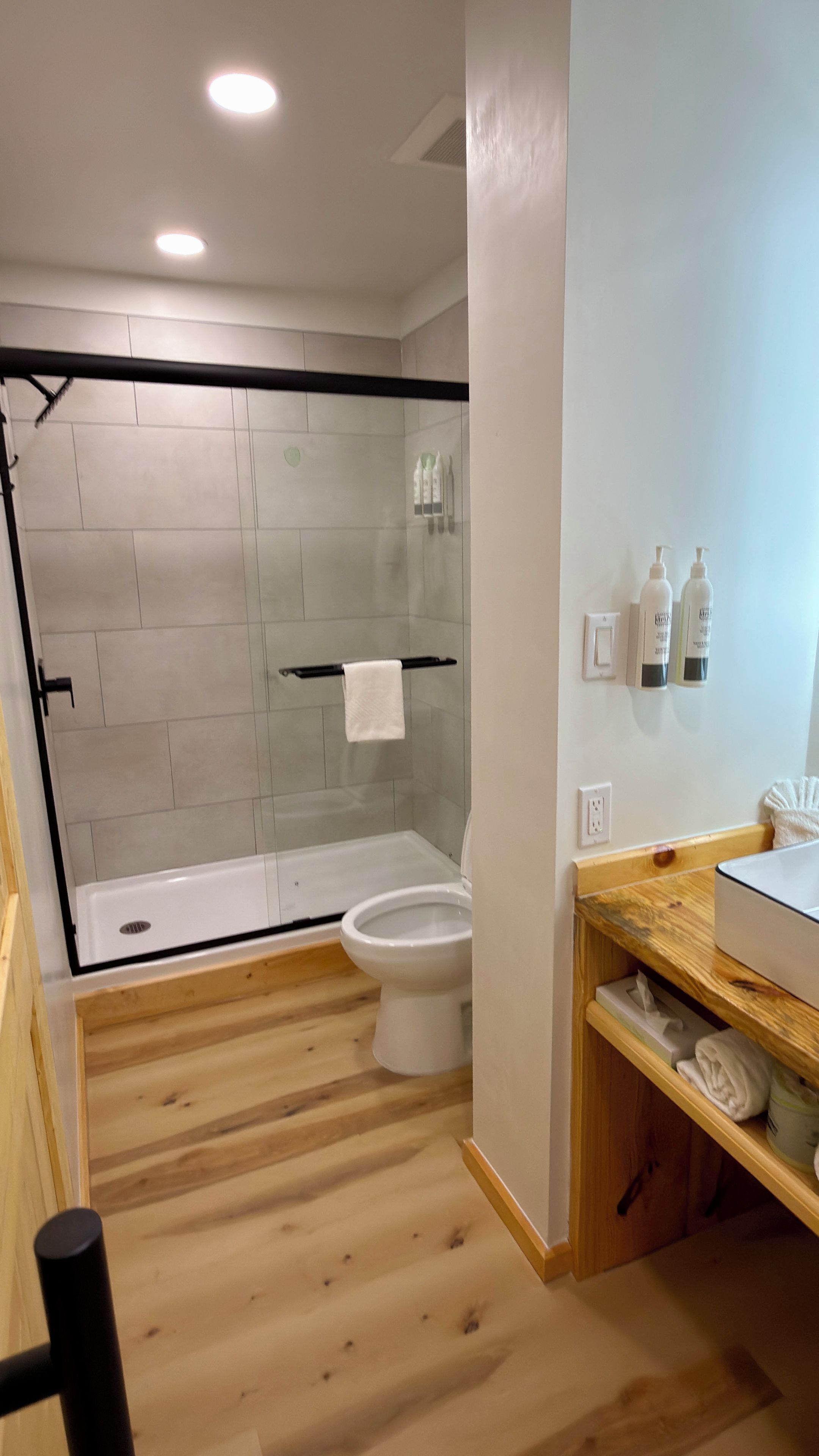A modern bathroom with a glass shower enclosure, a toilet, and a wooden vanity with a mirror.