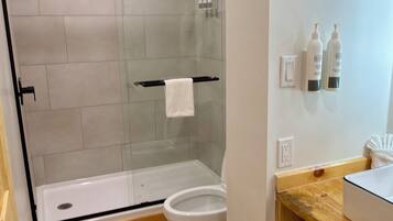 A modern bathroom with a glass shower enclosure, a toilet, and a wooden vanity with a mirror.