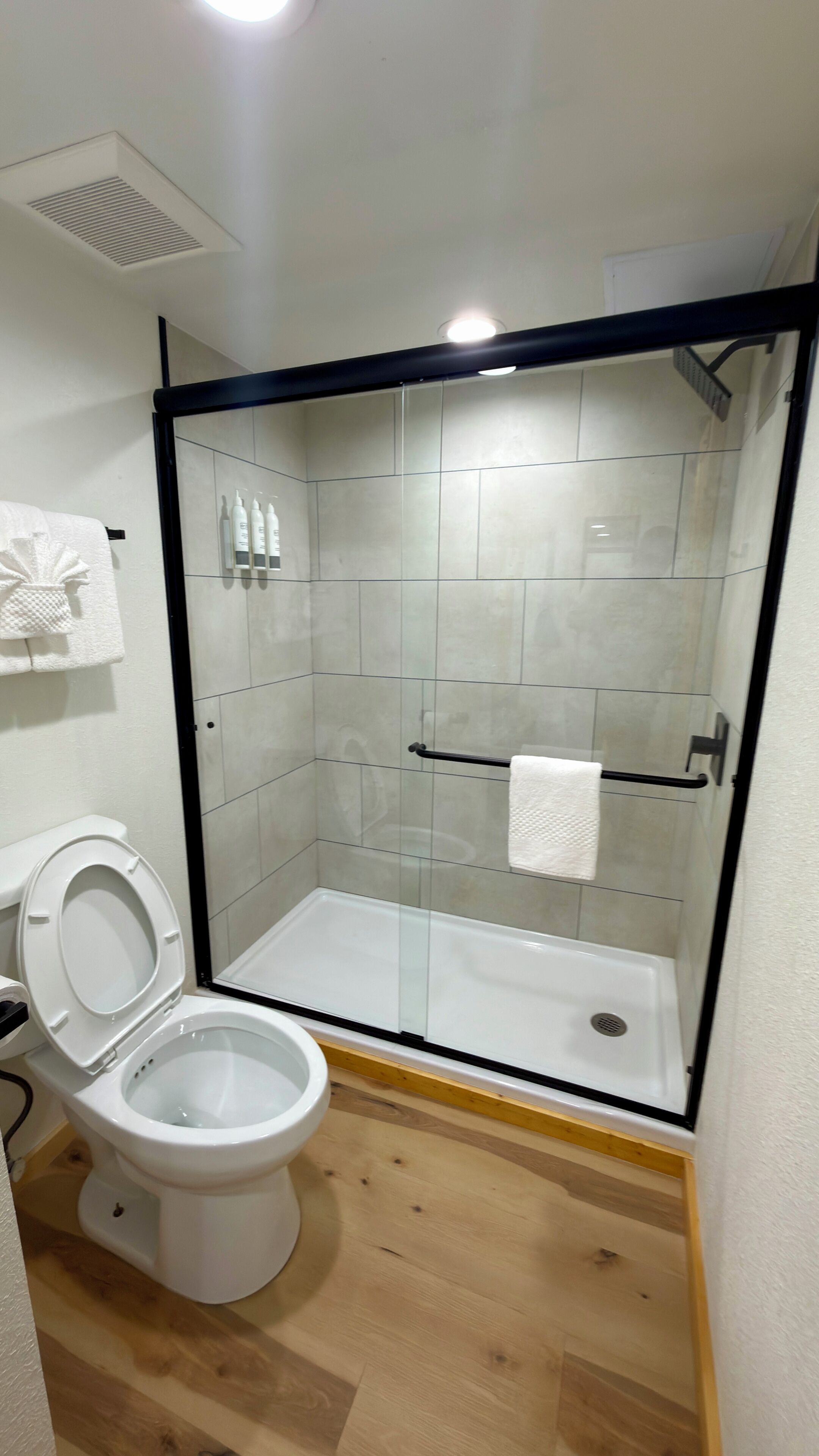 Een badkamer met toilet, een douchecabine en een handdoekhouder.