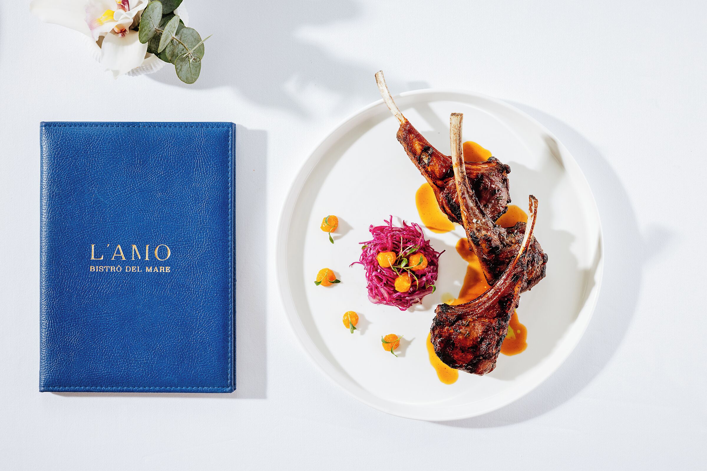 Un libro azul con el título "L'AMO BISTRO DEL MARE" junto a un plato blanco con chuletas de cordero y guarniciones.