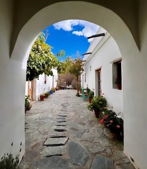 Un estrecho sendero de piedra que atraviesa un edificio blanco con arcos, rodeado de macetas con plantas y flores.
