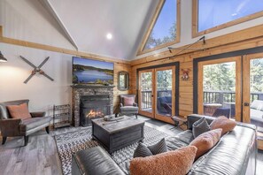 Smart TV, fireplace, foosball