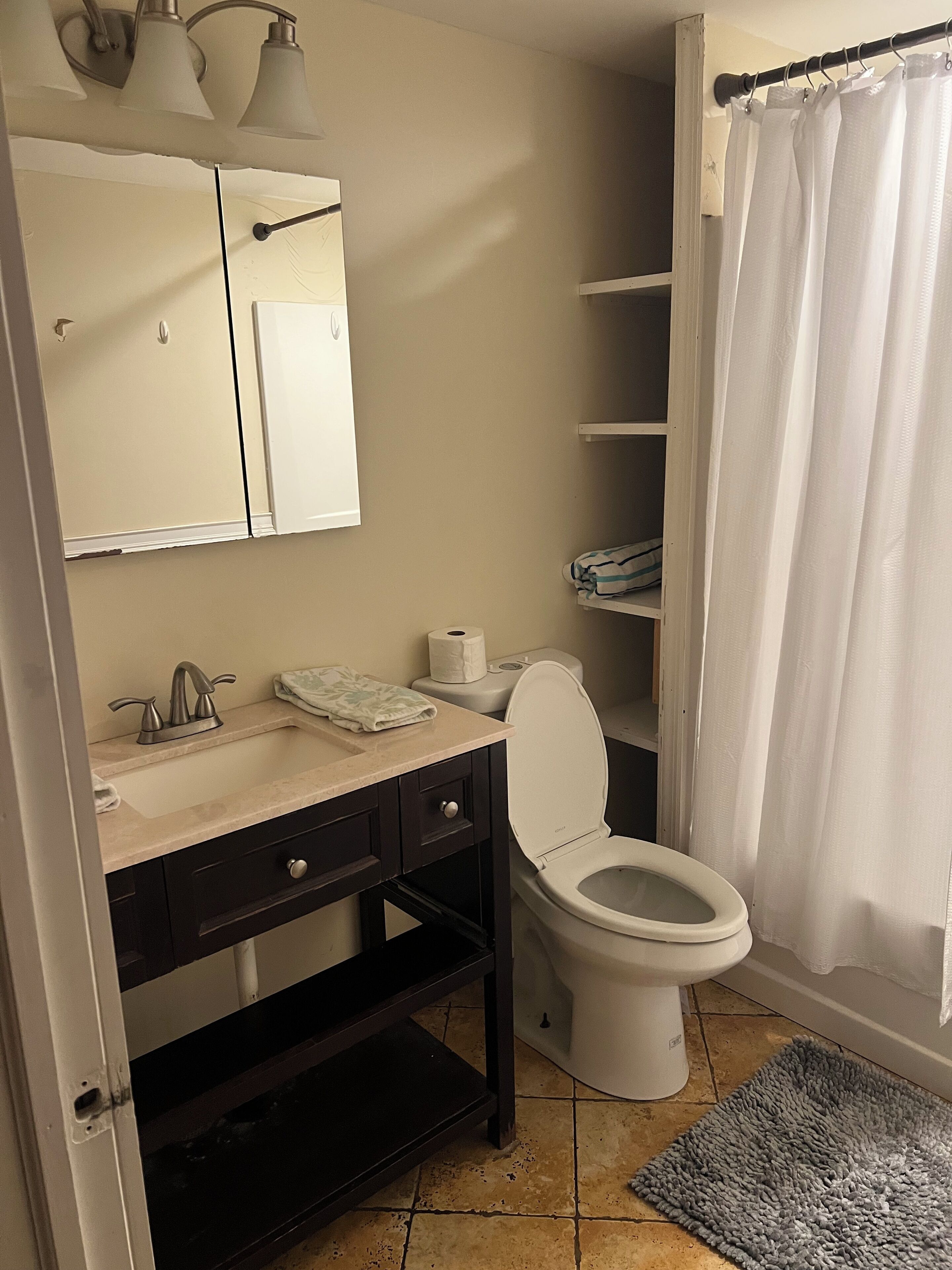 Une salle de bain équipée de toilettes, d’un lavabo, d’un meuble-lavabo et d’un rideau de douche.