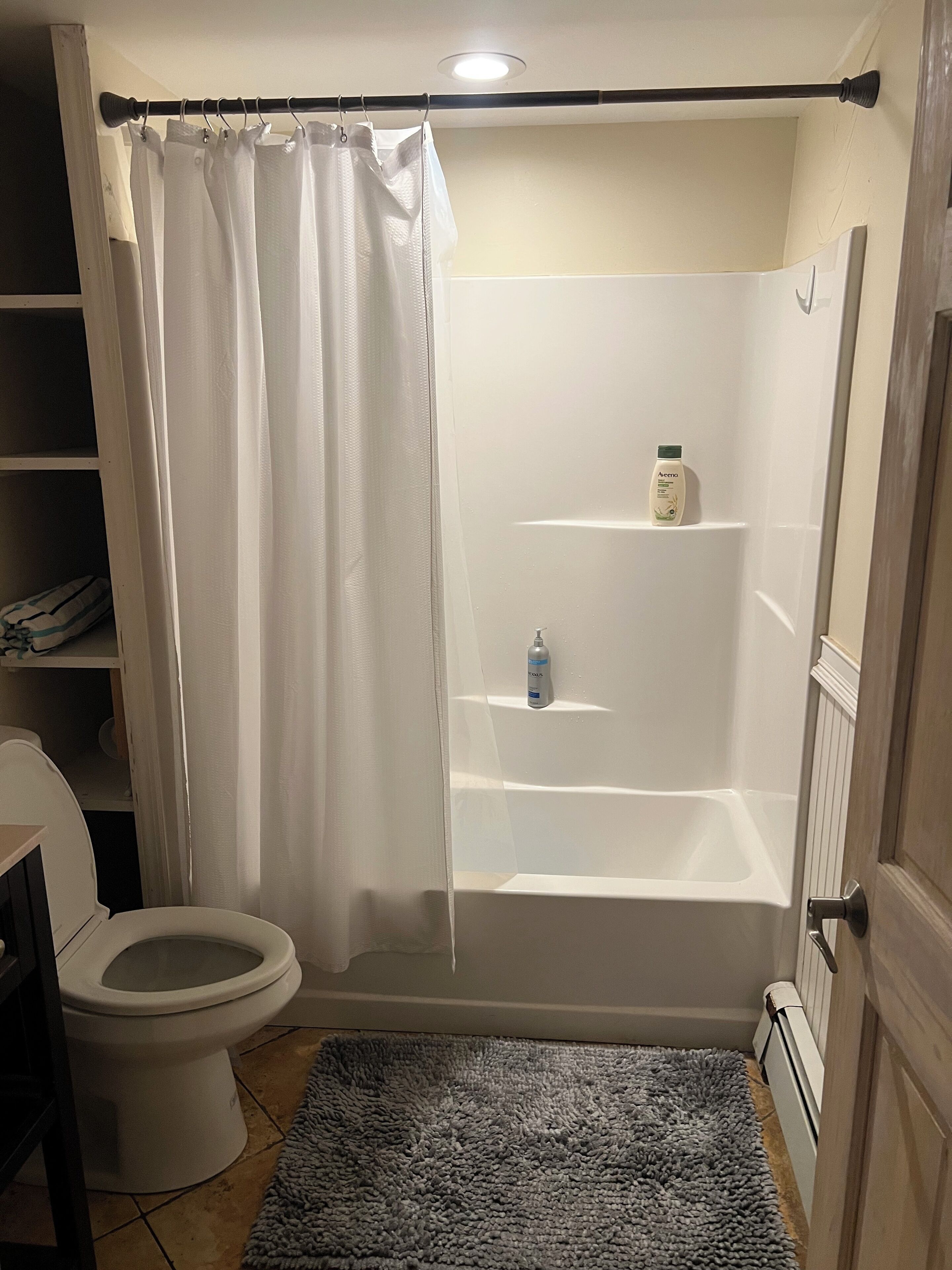 Hair dryer, towels, soap, toilet paper
