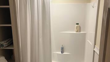 Hair dryer, towels, soap, toilet paper