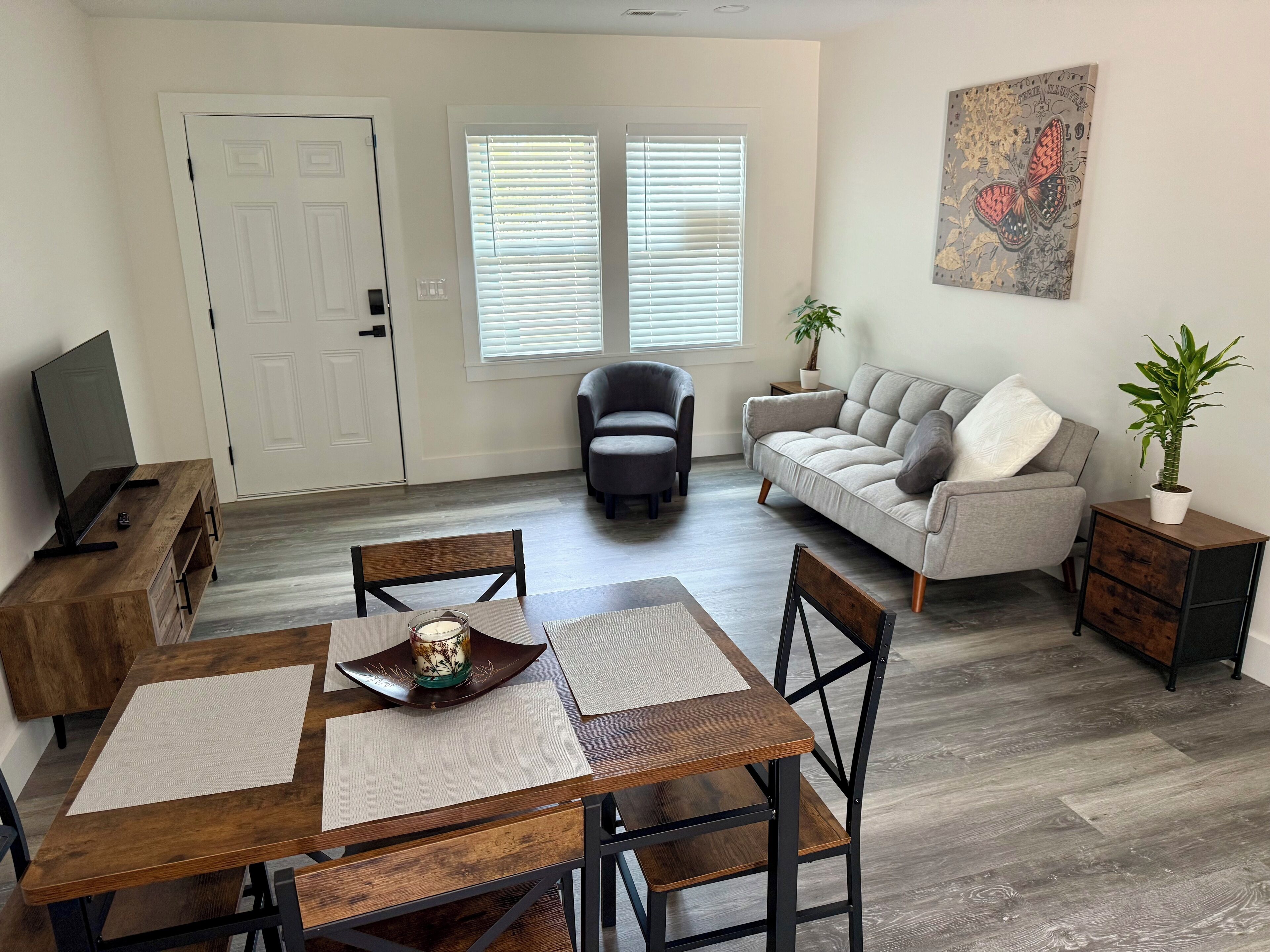 A living room with a dining table, chairs, a sofa, a TV, and a potted plant.
