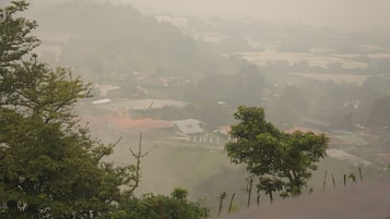Paisaje rural con casas y campos.