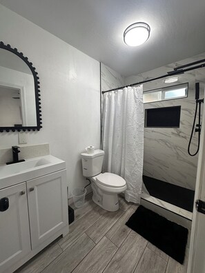 Shower, towels, soap, toilet paper