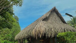 A thatched-roof hut with a wooden door and a sign, surrounded by lush greenery and a paved road. - Mương Đình Lodge (Can Tho)