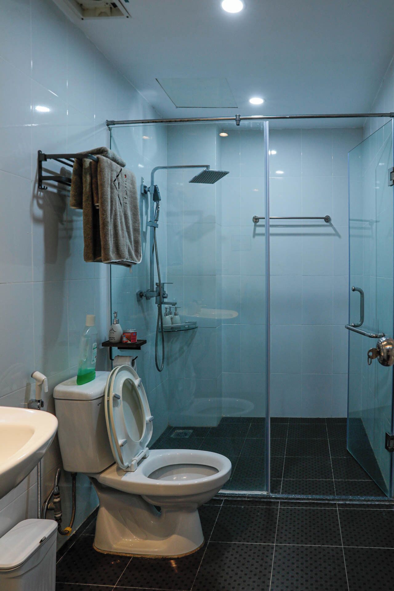 A modern bathroom with a glass-enclosed shower, a toilet, and a sink.