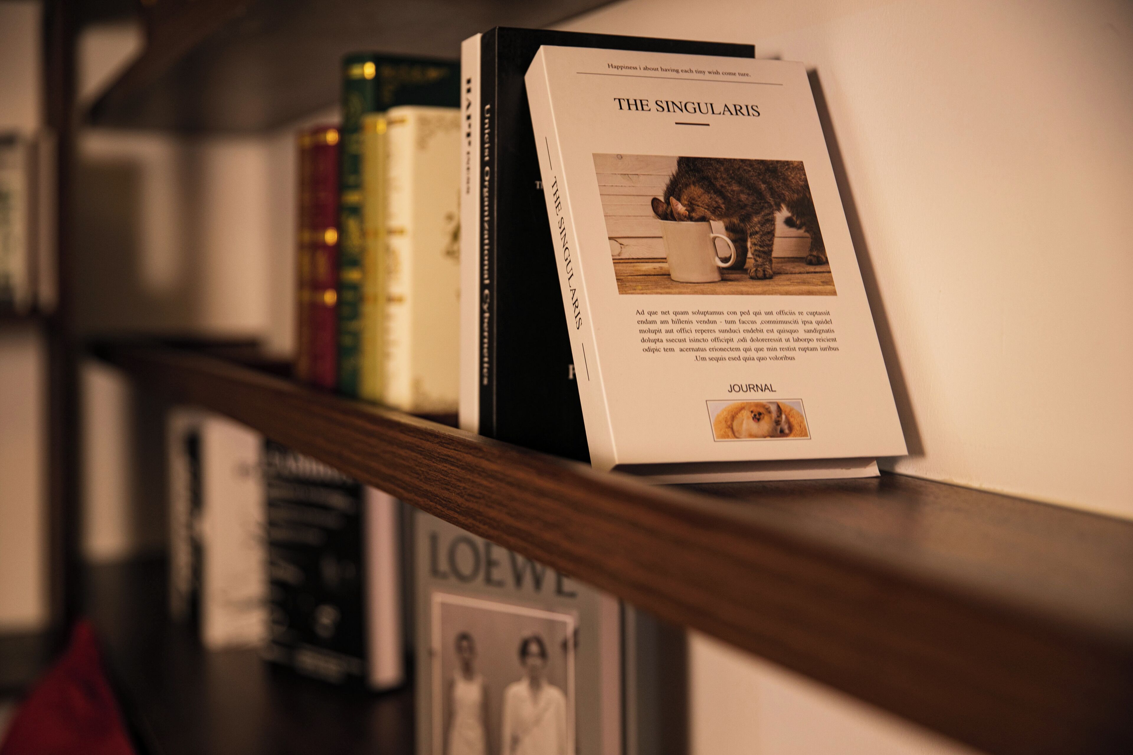 A bookshelf with books and a journal titled "The Singularis".