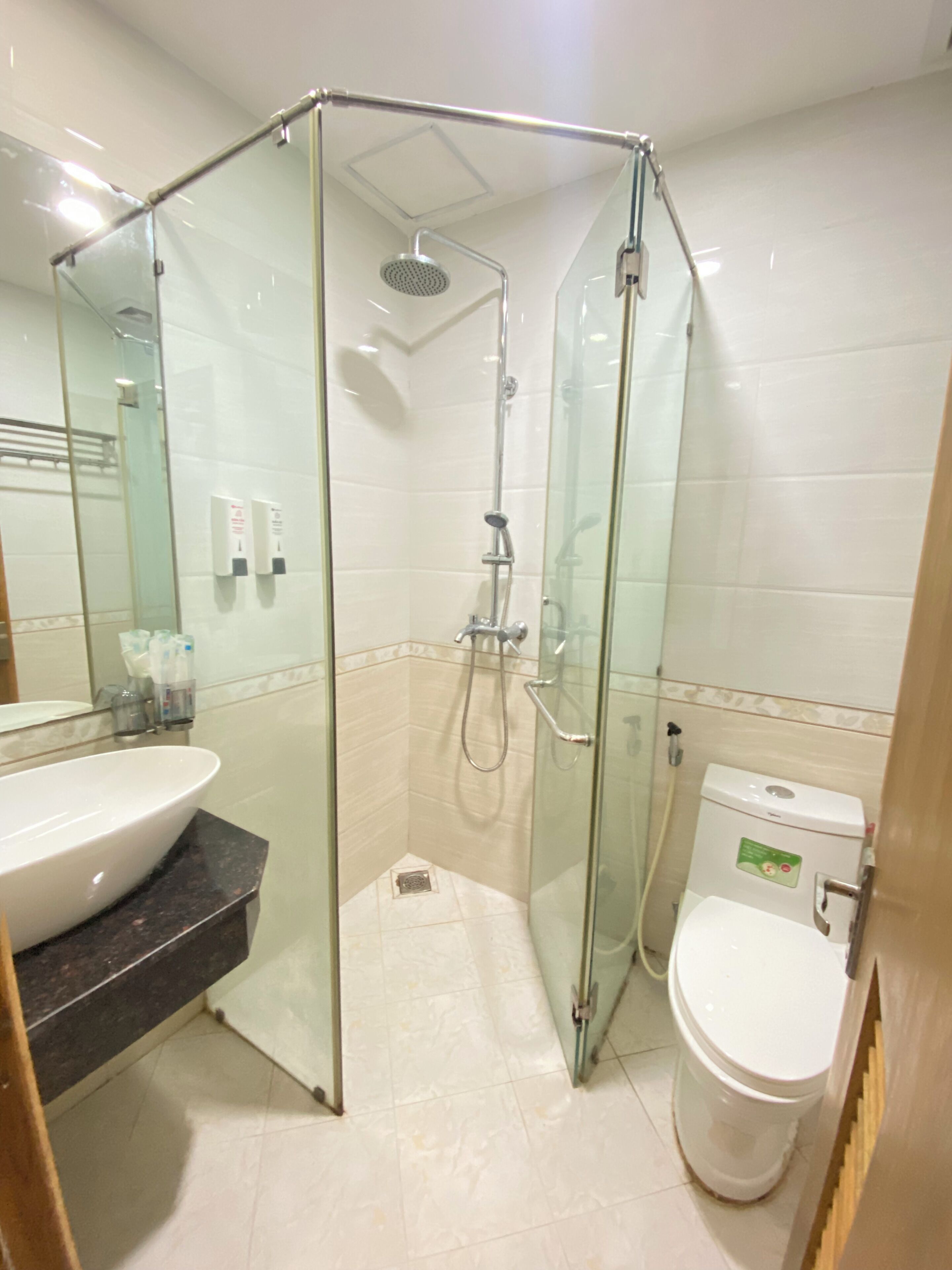 A modern bathroom with a glass-enclosed shower, a white sink, and a toilet.
