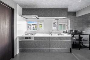 Fridge, microwave, stovetop, toaster