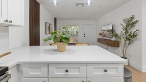 A modern kitchen with a large island, white cabinetry, and a potted plant.