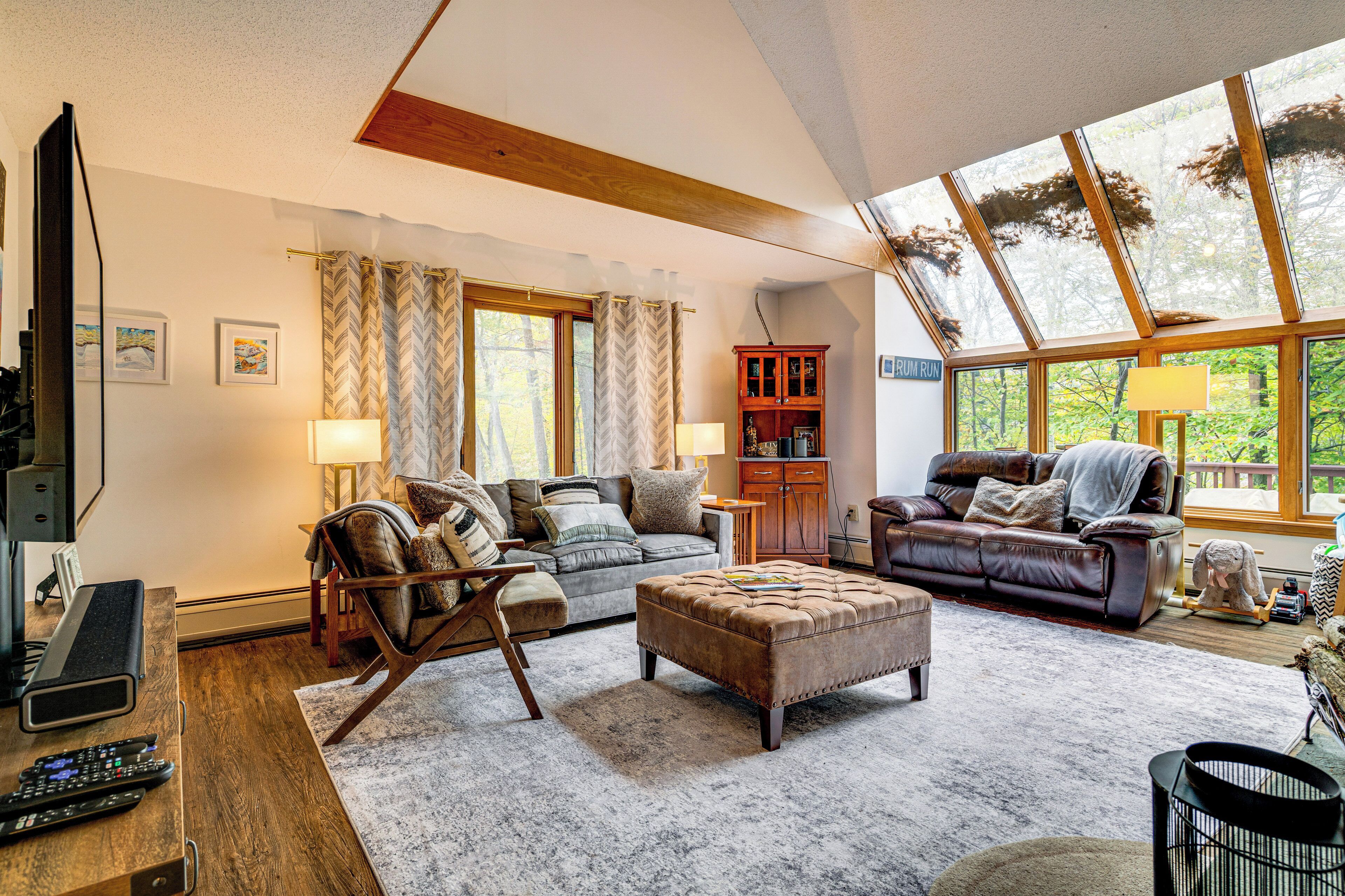 TV, fireplace, books, video library