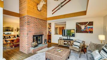 TV, fireplace, books, video library