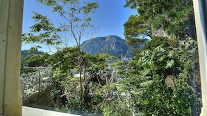 Blick auf einen Berg von einem Balkon aus, mit Bäumen im Vordergrund.