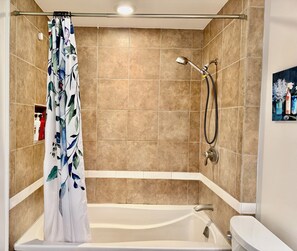Hair dryer, towels, soap, shampoo