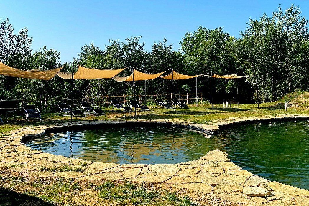 Une piscine avec des chaises longues et un espace ombragé délimité par une clôture.