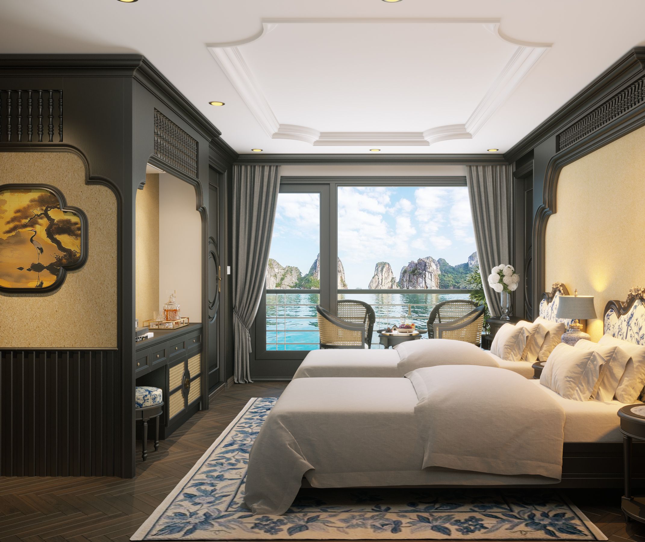 A luxurious bedroom with a large bed, a desk, and a view of the water.