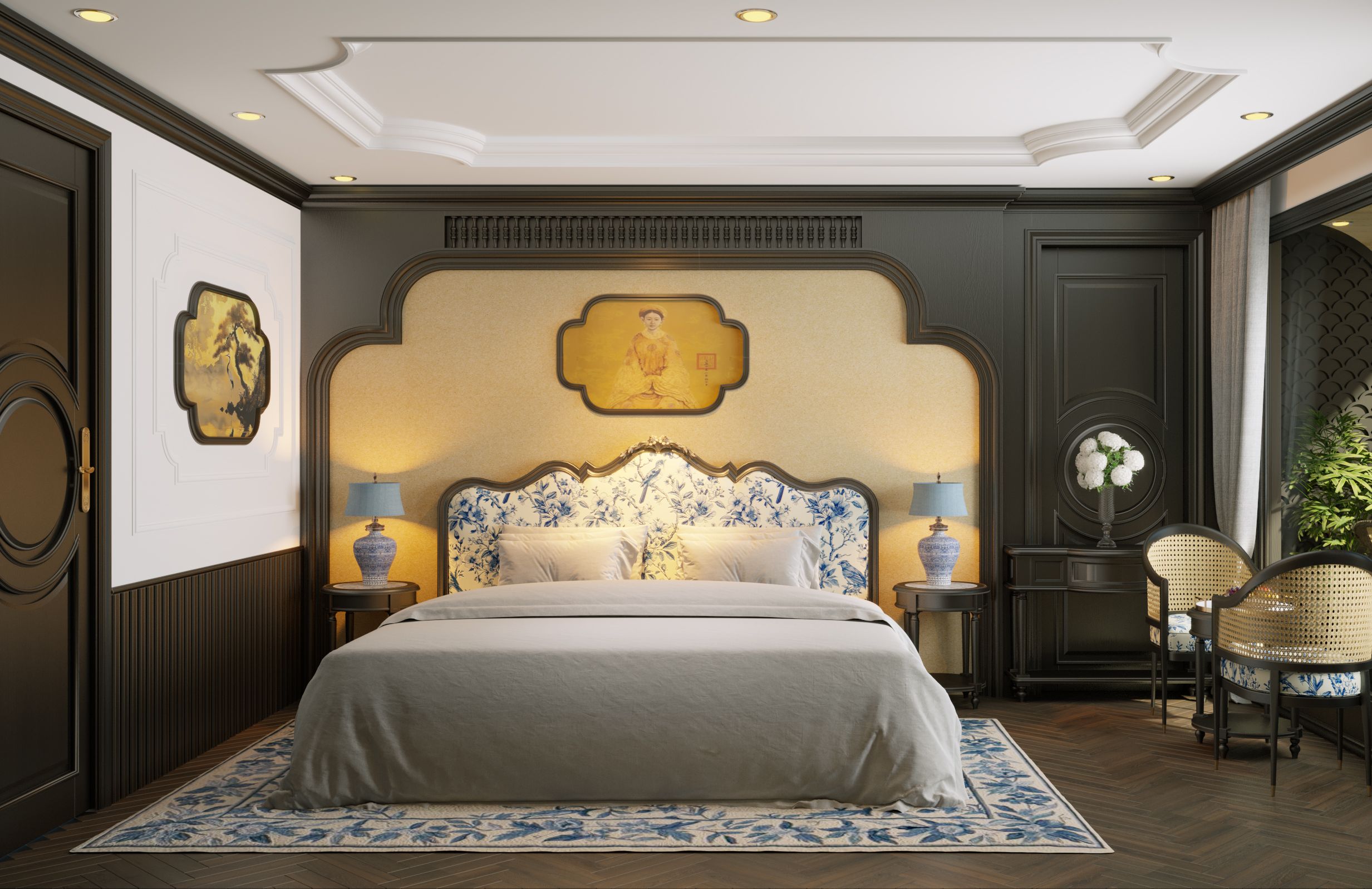 A luxurious bedroom with a large bed, ornate headboard, and a view of greenery through a large window.