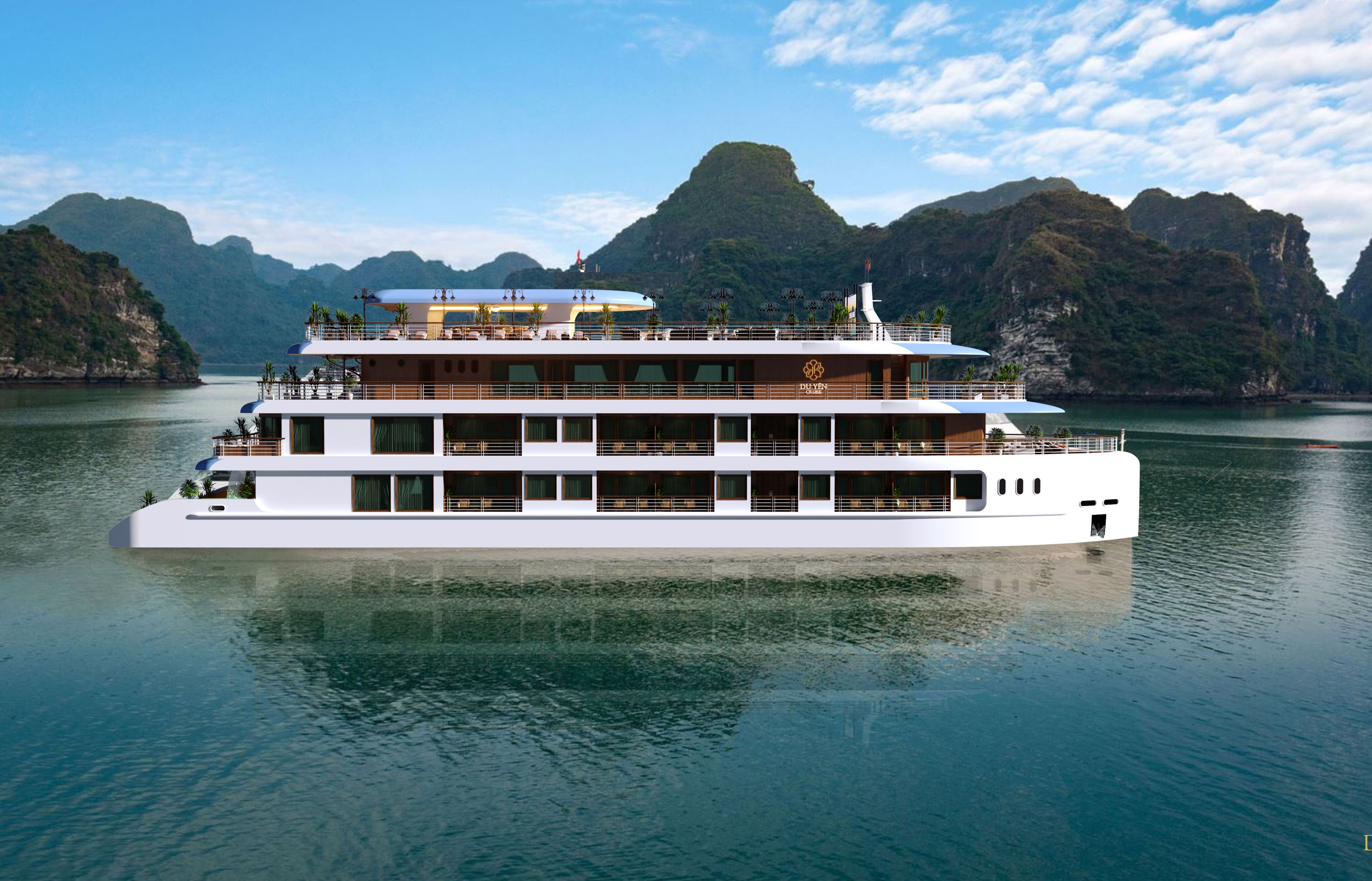 Ett stort kryssningsfartyg med flera däck och modern design, utrustat med flera balkonger och en logotyp med texten ”DU YEN CRUISE”.