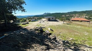 Un paysage rural avec un petit bâtiment, une zone pavée et un arbre.