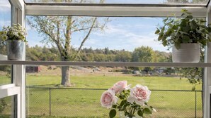 A window with a view of a grassy field and trees, a metal faucet, and two potted plants. -  Stable House INN - Pool - Horse Farm - Hot Tub - Near Smith Rocks State Park (Redmond)