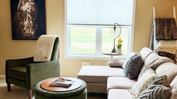 Smart TV, fireplace, books, printers