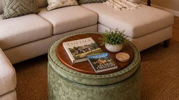 Smart TV, fireplace, books, printers