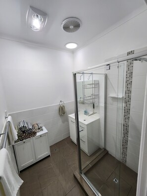 Shower, hair dryer, towels, soap
