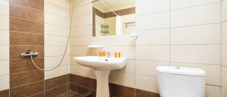 A bathroom with a white sink, a toilet, and a shower area.