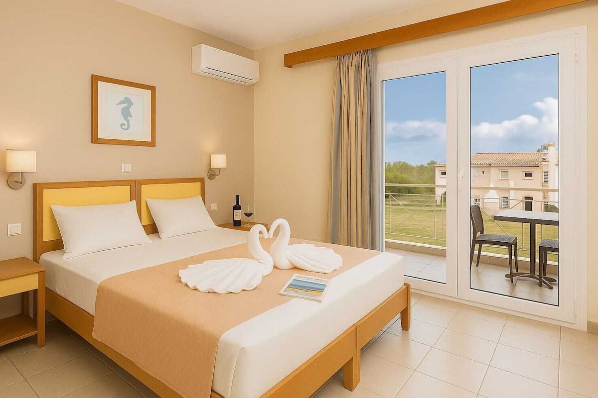 A hotel room with a bed, two bedside tables, a wall-mounted air conditioner, a framed picture, and a balcony with a table and chairs.