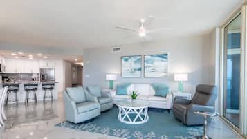 Signature Condo, 3 Bedrooms, Balcony, Beach View | Living area | 65-inch Smart TV with cable channels
